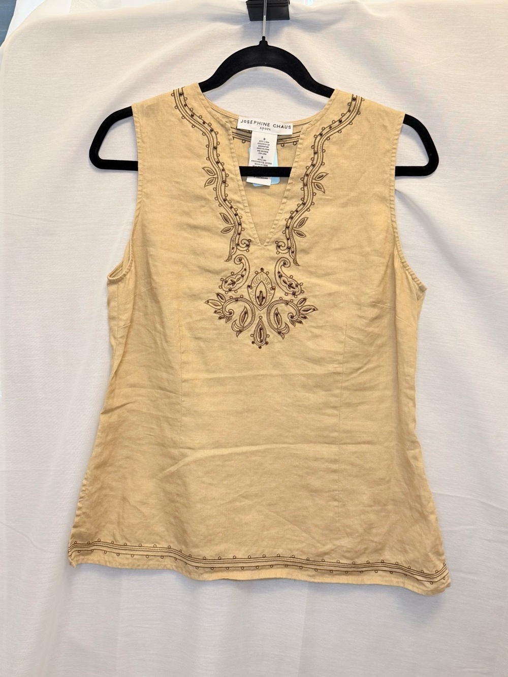 Josephine Chaus Tan Embroidered Sleeveless Linen Top